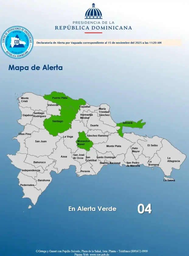 Alerta verde COE por lluvias en varias provincias de RD
