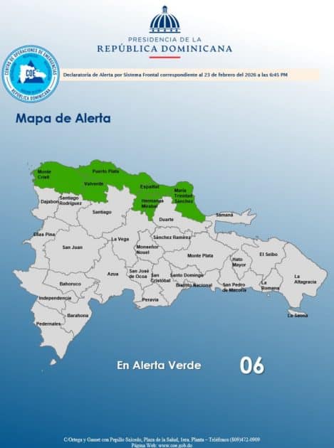 COE pone en alerta verde 6 provincias por vaguada y frente frío