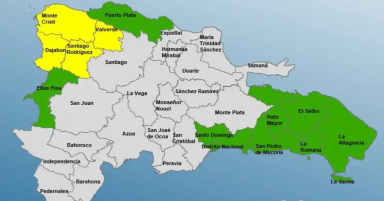 Mapa del COE con cuatro provincias en alerta amarilla y nueve en verde por sistema frontal, República Dominicana marzo 2026