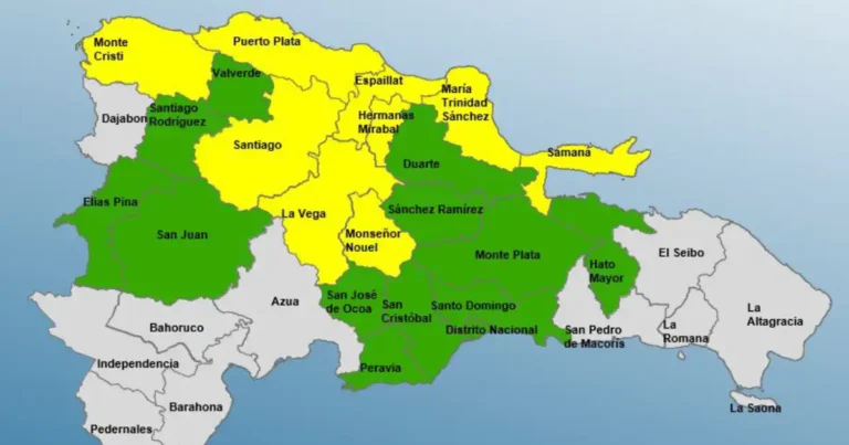 Mapa de alertas del COE con 9 provincias en alerta amarilla por sistema frontal en República Dominicana