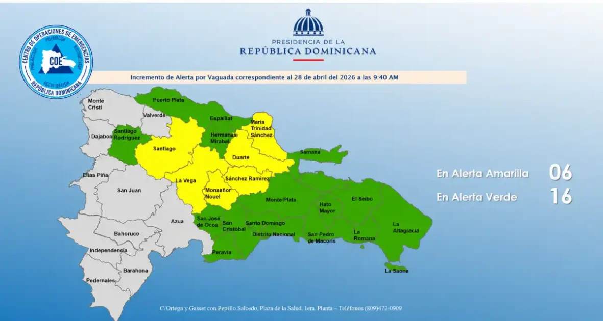 Mapa de alertas amarilla y verde del COE por vaguada en República Dominicana