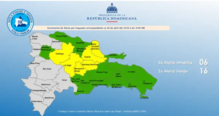 Mapa de alertas amarilla y verde del COE por vaguada en República Dominicana
