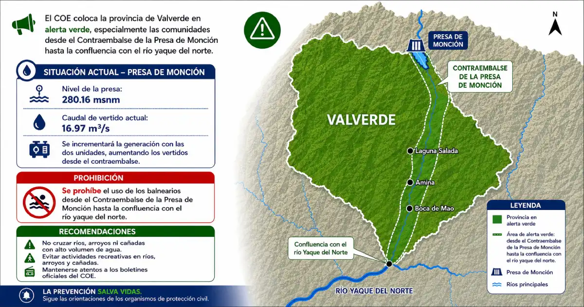 Alerta verde Valverde: Presa de Monción vierte, cierran balnearios
